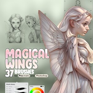Könnte beinhalten: Eine digitale Illustration einer Fee mit großen, detaillierten Flügeln. Die Fee hat langes, weißes Haar und trägt ein weißes Kleid. Das Bild trägt den Titel "Magical Wings 37 Brushes for Procreate and Photoshop".