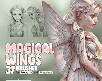 Könnte beinhalten: Eine digitale Illustration einer Fee mit großen, detaillierten Flügeln. Die Fee hat langes, weißes Haar und trägt ein weißes Kleid. Das Bild trägt den Titel "Magical Wings 37 Brushes for Procreate and Photoshop".