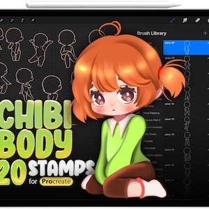 Könnte beinhalten: Eine digitale Illustration eines niedlichen Chibi-Charakters mit orangefarbenem Haar und einem grünen Shirt. Das Bild befindet sich auf einem Tablet-Bildschirm mit einer Liste von 20 Posen für einen Chibi-Körper, beschriftet mit "CHIBI BODY 20 STAMPS for Procreate".