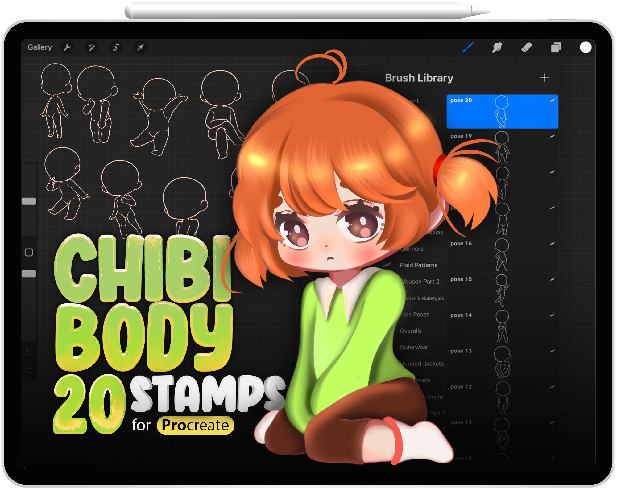 20 pinceles Procreate chibi y sellos guía de cuerpo para arte de anime, manga y caricatura