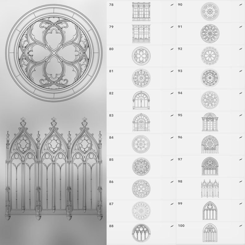 May include: A black and white line drawing of a stained glass window design. The design features a series of arches and circles with intricate patterns. The image is divided into 100 numbered sections, each containing a different window design.