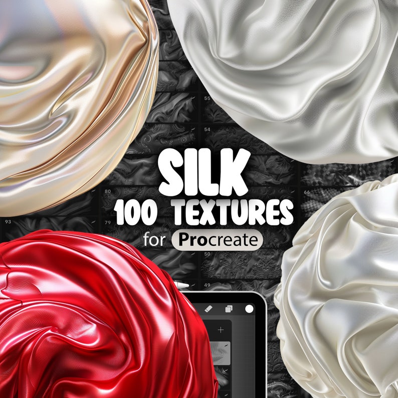 May include: A digital illustration of 100 silk textures for Procreate. The image shows three different silk fabrics in red, gold, and white. The text "SILK 100 TEXTURES for Procreate" is displayed in the center of the image.