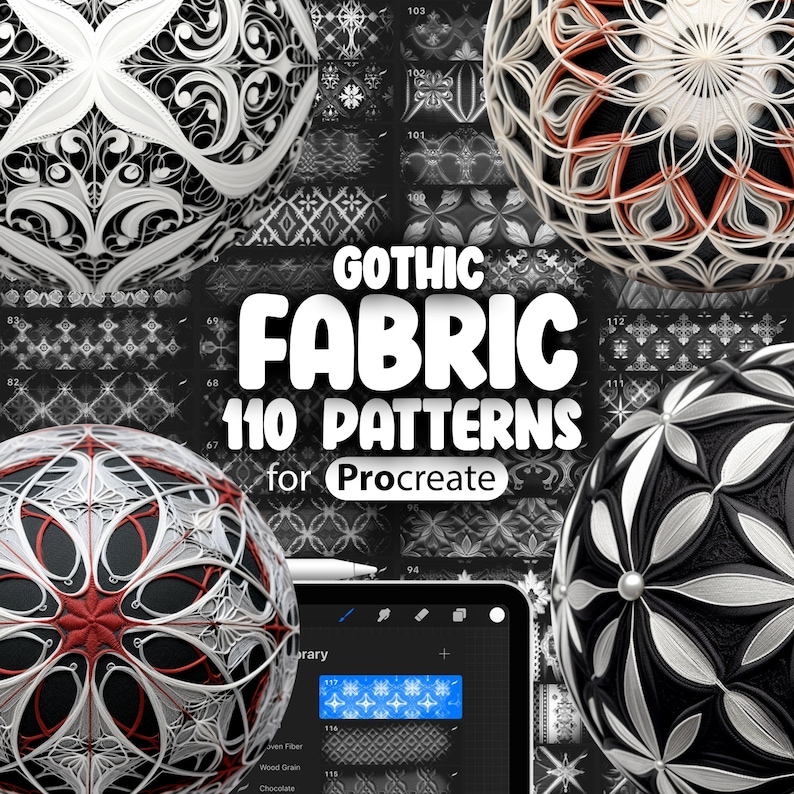 May include: A digital illustration of 110 gothic fabric patterns for Procreate. The patterns are displayed on a black background with a white border. The patterns are in a variety of styles, including geometric, floral, and abstract. The text "GOTHIC FABRIC 110 PATTERNS for Procreate" is displayed in the center of the image.