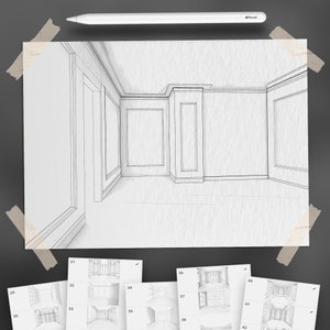 May include: A black and white line drawing of a room with a high ceiling and detailed molding. The room is empty and appears to be a living room or dining room.