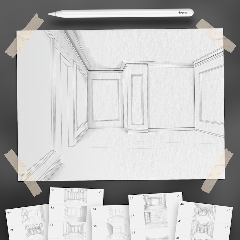 May include: A black and white line drawing of a room with a high ceiling and detailed molding. The room is empty and appears to be a living room or dining room.