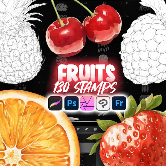 130 Procreate Fruits Stamp Brushes | Clip Studio Paint Fruit | Peach, Apple, Pomegranate, Cherry, Raspberry, Strawberry, Orange, Watermelon