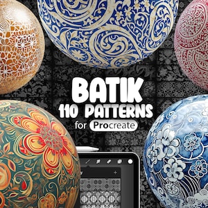 Può includere: 110 motivi batik per Procreate, un'app di arte digitale. I motivi sono visualizzati su sfere colorate e sullo schermo di un tablet. I motivi sono intricati e dettagliati, con disegni floreali e geometrici.