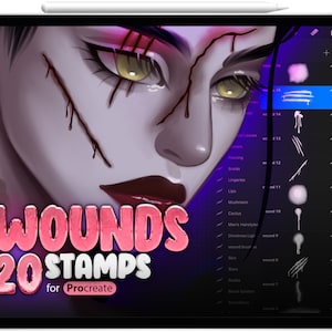 May include: A digital illustration of a woman's face with various wounds and scars. The image is a preview of a Procreate brush set called "Wounds 20 Stamps".