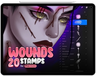 May include: A digital illustration of a woman's face with various wounds and scars. The image is a preview of a Procreate brush set called "Wounds 20 Stamps".