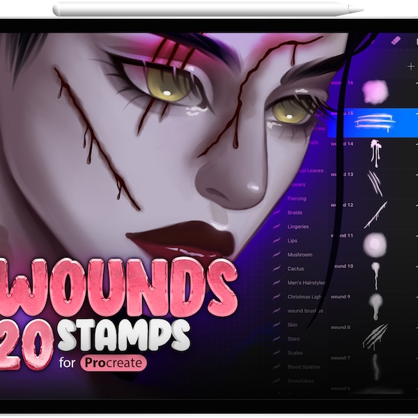 20 Procreate Wound Brushes, Procreate Scars Brushes, Lacerated wounds, Bleed Face, Bloody brushes, Makeup, Injury, Cut, Wounded Skin