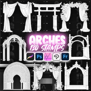 May include: A set of 130 black and white archway illustrations, labeled "ARCHES 130 STAMPS". The illustrations are in various styles, including gothic, roman, and modern. The illustrations are suitable for use in digital art and design projects.