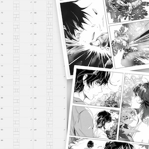 Puede incluir: Paneles de c&oacute;mic manga en blanco y negro con personajes de pelo oscuro. Los paneles muestran un primer plano de la cara de un personaje, un personaje con una espada y dos personajes mir&aacute;ndose.