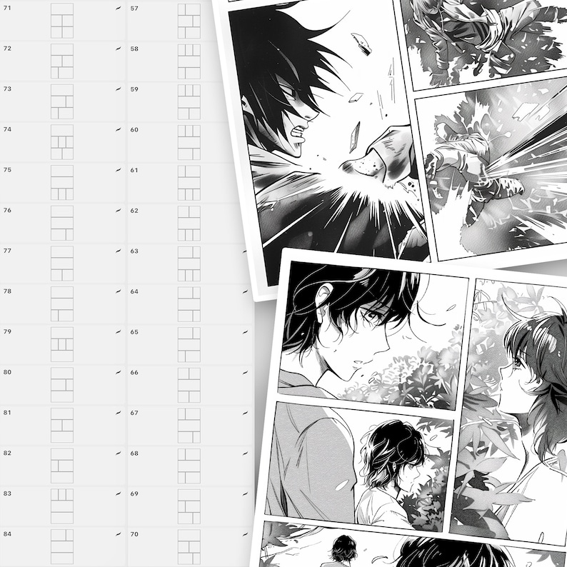 Puede incluir: Paneles de c&oacute;mic manga en blanco y negro con personajes de pelo oscuro. Los paneles muestran un primer plano de la cara de un personaje, un personaje con una espada y dos personajes mir&aacute;ndose.