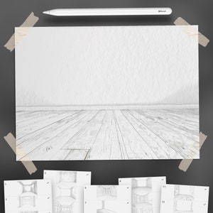 May include: A white, blank sheet of paper taped to a gray surface. The paper has a wood grain texture and is divided into 12 sections. Each section contains a sketch of a room with a white wall and a wood floor.
