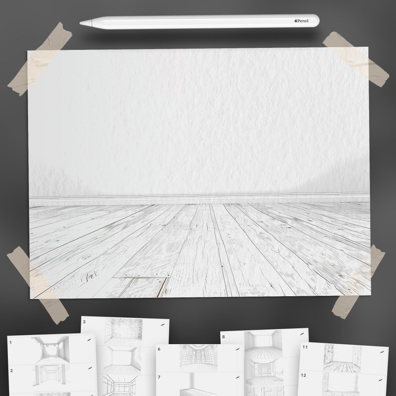 May include: A white, blank sheet of paper taped to a gray surface. The paper has a wood grain texture and is divided into 12 sections. Each section contains a sketch of a room with a white wall and a wood floor.