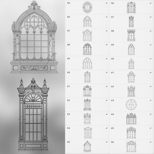May include: A set of 22 black and white line drawings of different window designs. The windows are all in a gothic style and feature arched tops, intricate details, and multiple panes.