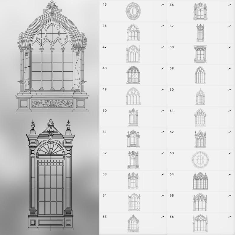 May include: A set of 22 black and white line drawings of different window designs. The windows are all in a gothic style and feature arched tops, intricate details, and multiple panes.