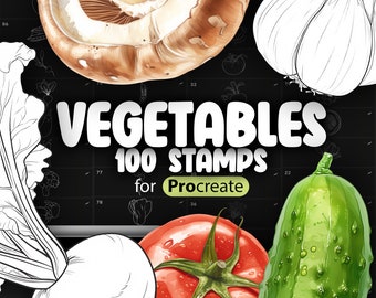 100 Procreate Vegetables Stamp Brushes | Procreate Food Stamps | Cucumber, Eggplant, Mushrooms, Garlic, Onion, Pumpkin, Carrot, Pepper