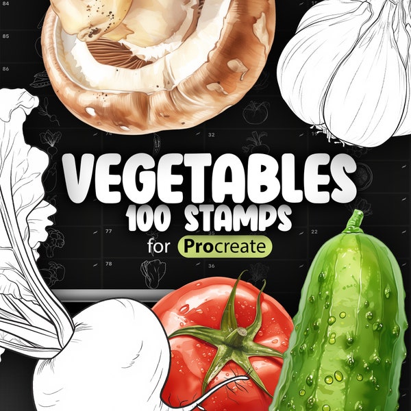 100 Procreate Vegetables Stamp Brushes | Procreate Food Stamps | Cucumber, Eggplant, Mushrooms, Garlic, Onion, Pumpkin, Carrot, Pepper