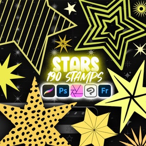 May include: A collection of yellow and black star stamps on a black background. The text "STARS 190 STAMPS" is displayed in a glowing yellow font. Icons for Procreate, Photoshop, and other design software are also present.