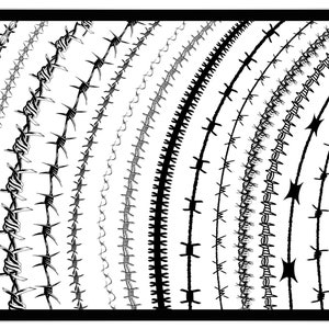 May include: A collection of black and white barbed wire designs, including straight lines, curves, and circles. The designs are all different sizes and shapes, and some have different types of barbs.