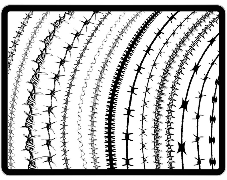 May include: A collection of black and white barbed wire designs, including straight lines, curves, and circles. The designs are all different sizes and shapes, and some have different types of barbs.