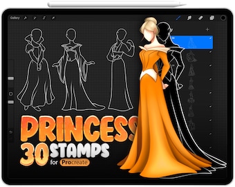 30 Princesses Stamps for Procreate, Princess brush for Procreate, Princess Reference, Princess Dress outline stamps brush, Princess Poses