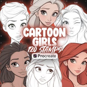 120 Procreate Cartoon Girls Stamps | Procreate Cartoon Girls Heads Stamps | Procreate Cartoon Girls Face Stamp Brushes