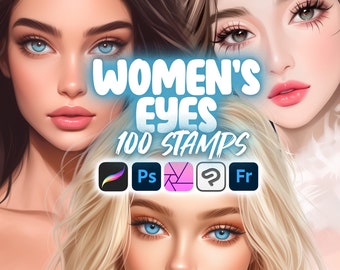 Può includere: Un'illustrazione digitale di tre volti di donne con un focus sui loro occhi. Il testo "WOMEN'S EYES 100 STAMPS" è sovrapposto all'immagine. Le icone per Procreate, Photoshop, Clip Studio Paint, Affinity Designer e Adobe Fresco sono visualizzate sotto il testo.