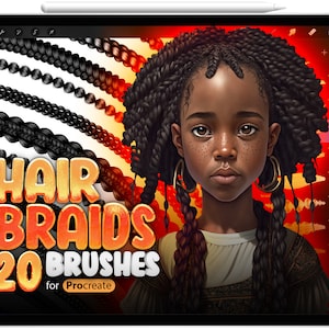 Può includere: Un'illustrazione digitale di una ragazza con trecce marroni scure. La ragazza indossa una camicia bianca con un disegno dorato. L'immagine è sullo schermo di un tablet con il testo "HAIR BRAIDS 20 BRUSHES for Procreate" in un font giallo e arancione.