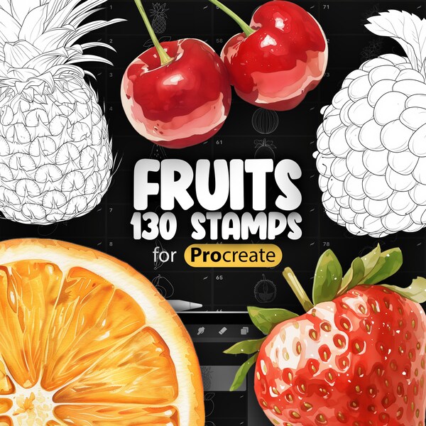 130 Procreate Fruits Stamp Brushes | Peach, Apple, Pomegranate, Cherry, Raspberry, Strawberry, Orange, Watermelon, Pineapple, Banana