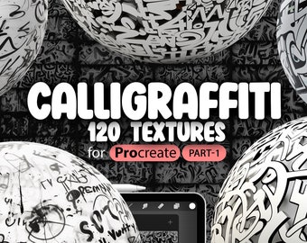 Könnte beinhalten: Eine digitale Illustration von 120 Calligraffiti-Texturen für Procreate, Teil 1. Die Texturen sind schwarzweiß und zeigen eine Vielzahl von abstrakten Formen und Mustern.