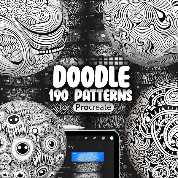 190 Procreate Doodle Patterns | Fabric Procreate Texture Seamless Brushes | Pattern Brushes Procreate | Procreate Pattern Brushes Hand Drawn