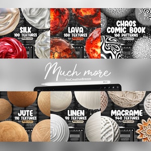 May include: A digital tablet screen displaying a collection of digital textures for the Procreate app. The textures include silk, lava, chaos comic book, jute, linen, and macrame. Each texture pack includes a different number of textures, ranging from 90 to 180.