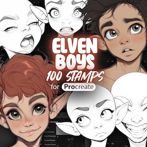 May include: A digital illustration of 100 elven boy stamps for Procreate. The image shows four different elven boys with various facial expressions and hairstyles. The text "Elven Boys 100 Stamps for Procreate" is displayed in red letters.