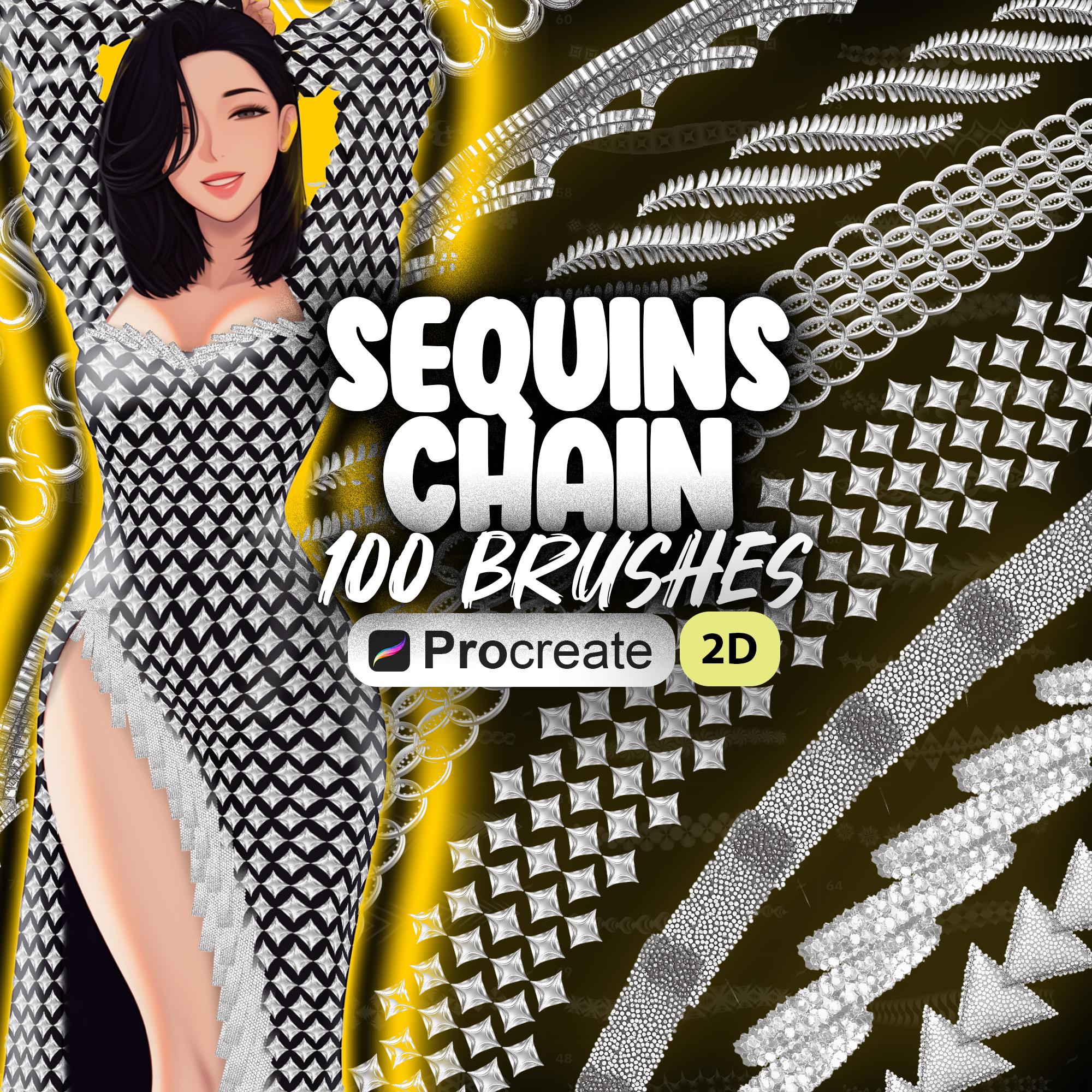 100 pinceles de cadena con lentejuelas 2D para Procreate – Pinceles de cadena dorada metálica para diseño de moda