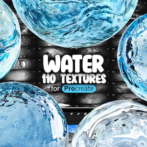 May include: A digital illustration of 110 water textures for Procreate. The textures are blue and white and look like water droplets and waves.