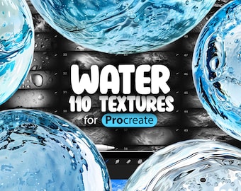 Op de afbeelding: Een digitale illustratie van 110 watertexturen voor Procreate. De texturen zijn blauw en wit en lijken op waterdruppels en golven.
