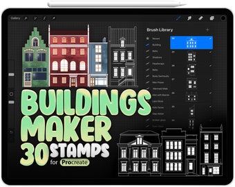 May include: A digital illustration of a tablet screen displaying a set of 30 building stamps for the Procreate app. The stamps are black and white outlines of various building styles. The text "BUILDINGS MAKER 30 STAMPS for Procreate" is shown in green and yellow lettering.