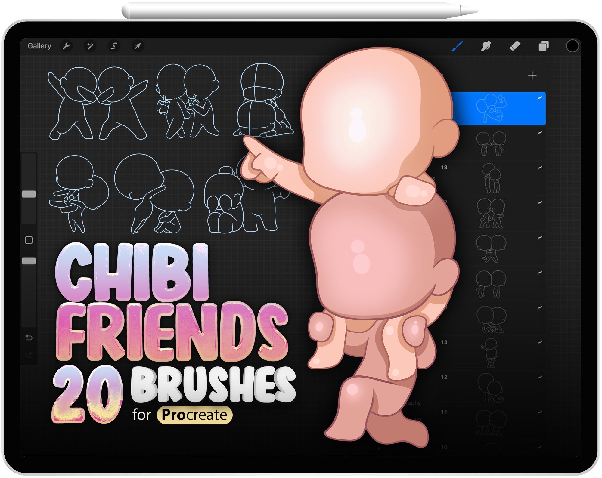 20 Chibi Friends Procreate Brushes – Set de sellos de poses chibi, bases de personaje y cuerpo