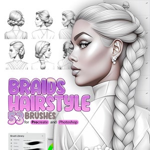 May include: A digital illustration of a woman with a detailed braid hairstyle. The image includes a set of 53 digital brushes for Procreate and Photoshop, labelled "BRAIDS HAIRSTYLE 53 BRUSHES for Procreate and Photoshop".