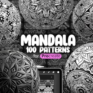 May include: 100 black and white mandala patterns for Procreate. The patterns are displayed on spheres and in a digital tablet.