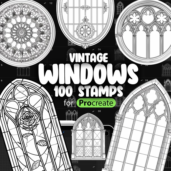 100 Procreate Vintage Windows Stamps | Procreate Gothic Windows Stamps | Procreate Retro Windows Stamps | Procreate Windows Stamps