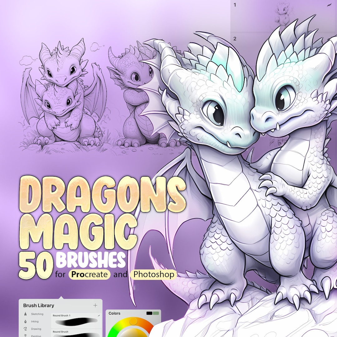 Dragonling 50 Dragonling Magic Procreate Stamp Brushes, Cute Dragon Life Procreate ...
