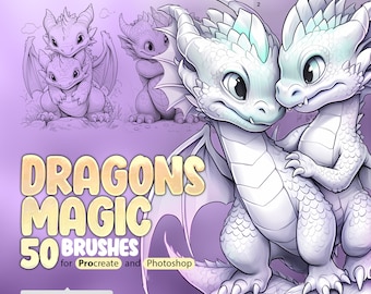 50 Dragonling Magic Procreate Stamp Brushes, Cute Dragon Life Procreate, Kawaii Dragon Family Procreate, Little Dragon Procreate Stamp Brush