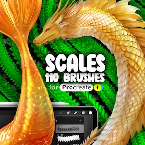 Peut inclure: Une illustration numérique d'un dragon doré et d'une queue de sirène avec des écailles. L'image est un ensemble de pinceaux d'art numérique pour Procreate appelé "Scales 110 Brushes".