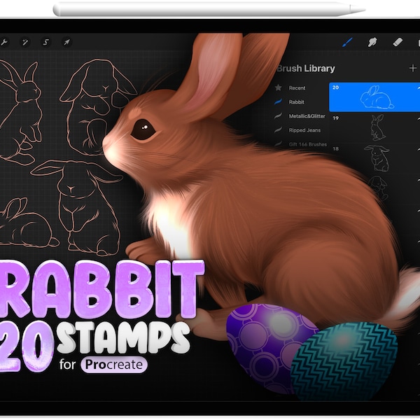 20 Rabbit Stamps for Procreate, Easter Brush for Procreate, Hare Stamps for Procreate