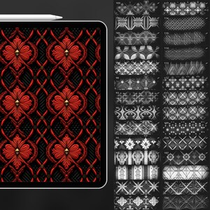 May include: A digital tablet displaying a red and black geometric pattern with a stylized floral design. The tablet is surrounded by a black background and a white stylus is resting on the screen.