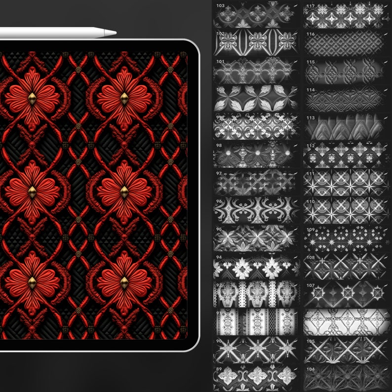 May include: A digital tablet displaying a red and black geometric pattern with a stylized floral design. The tablet is surrounded by a black background and a white stylus is resting on the screen.