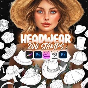 May include: A collection of 200 black and white headwear stamps for use in Photoshop, Procreate, Clip Studio Paint, and Affinity Designer. The stamps include a variety of hats, including cowboy hats, baseball caps, fedoras, and beanies.